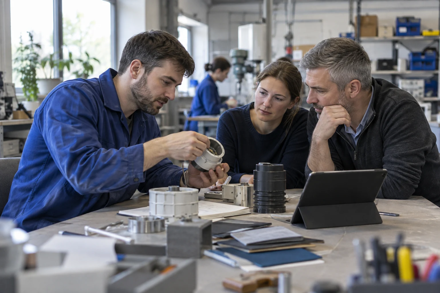 Illustrative scene of three colleagues examining a component and discussing practical work
